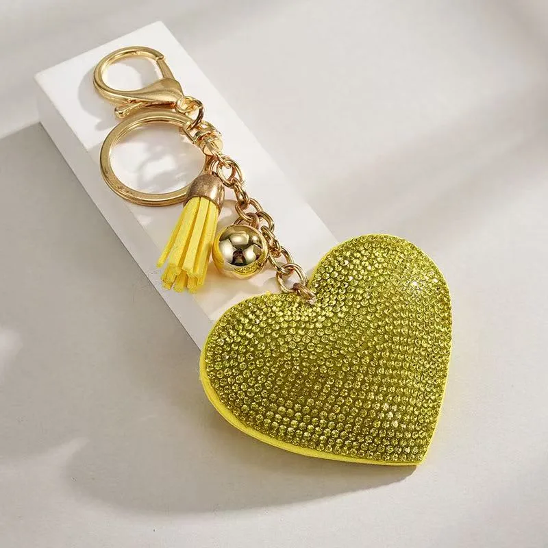Heart-shaped Rhinestone Leather Keychain With Tassels view 3