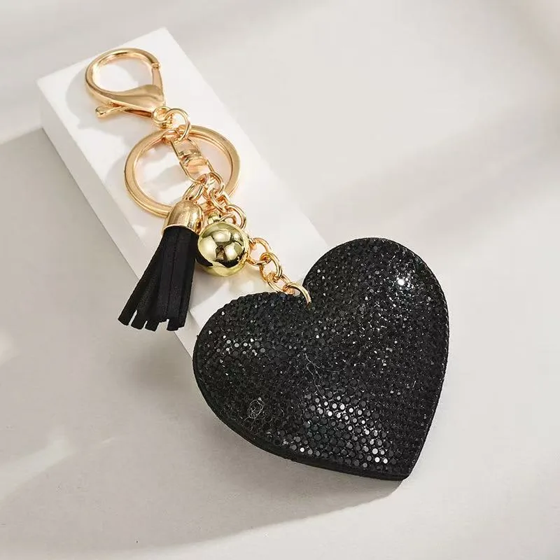 Heart-shaped Rhinestone Leather Keychain With Tassels view 7