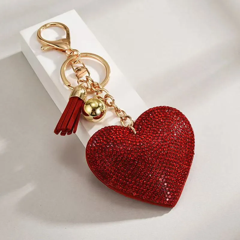Heart-shaped Rhinestone Leather Keychain With Tassels view 4