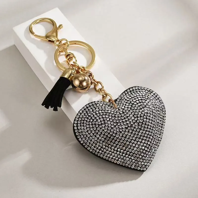 Heart-shaped Rhinestone Leather Keychain With Tassels view 6