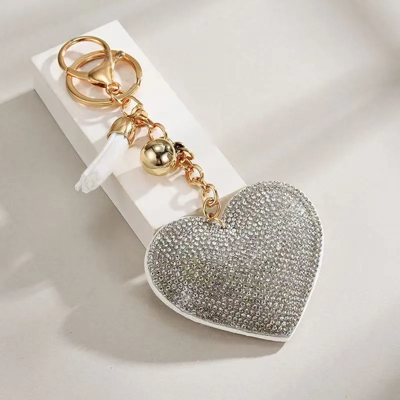 Heart-shaped Rhinestone Leather Keychain With Tassels view 2