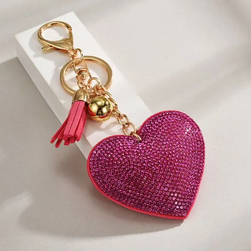 Heart-shaped Rhinestone Leather Keychain With Tassels view 5