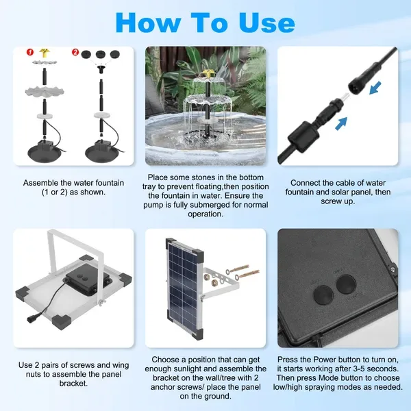 3-Tier Solar Bird Bath Fountain Solar Powered Water-Pump Waterfall Feature: With Colorful Light 3 Nozzles 6W Solar Panel For Bird Bath Patio view 2