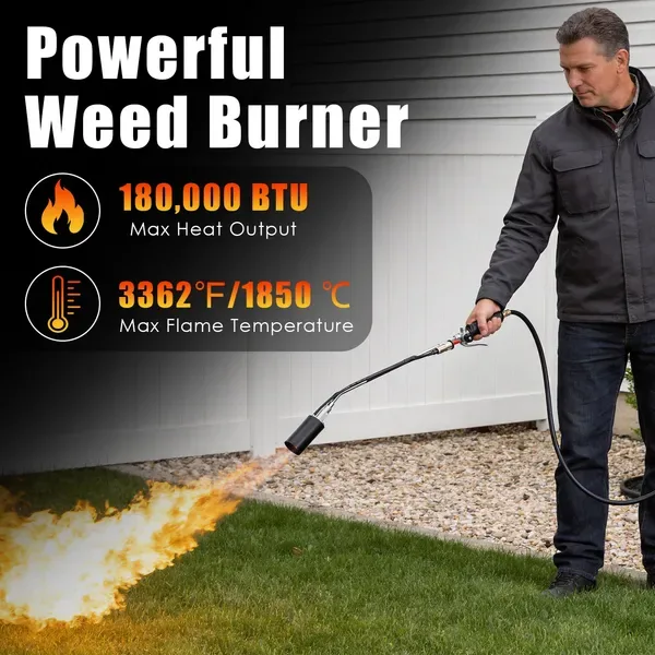 180,000 BTU Propane Weed Torch Heavy Duty Weed Burner Flame Weeder With 10FT Hose Piezo Ignition Adjustable Flame Control For Weeds Ice Snow view 4