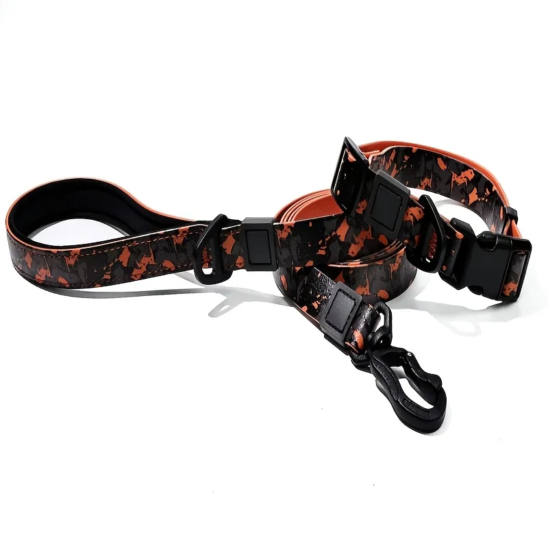 Embossed UV Printed Dog Leash & Collar Set 1.5cm Wide, Waterproof Tear-Resistant Easy To Clean PVC Set, Stylish Patterned Walking Training view 3