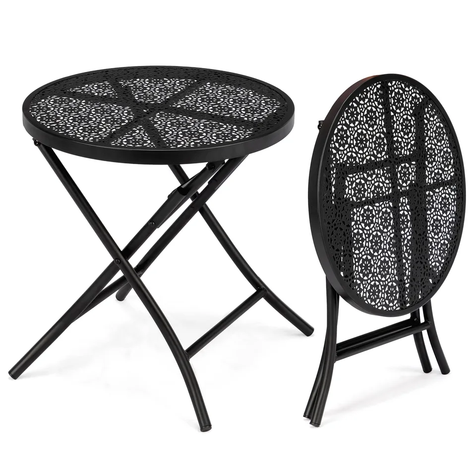 Folding Small Outdoor Side Tables, Anti Rust Small Patio Table Round Metal Nightstand With Flower Cutouts For Porch Yard Balcony Deck Lawn view 4