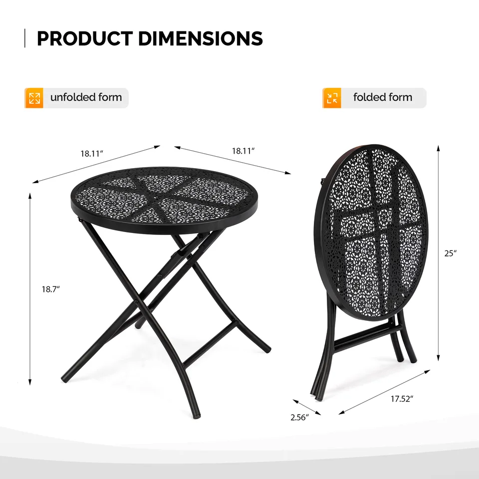 Folding Small Outdoor Side Tables, Anti Rust Small Patio Table Round Metal Nightstand With Flower Cutouts For Porch Yard Balcony Deck Lawn view 3