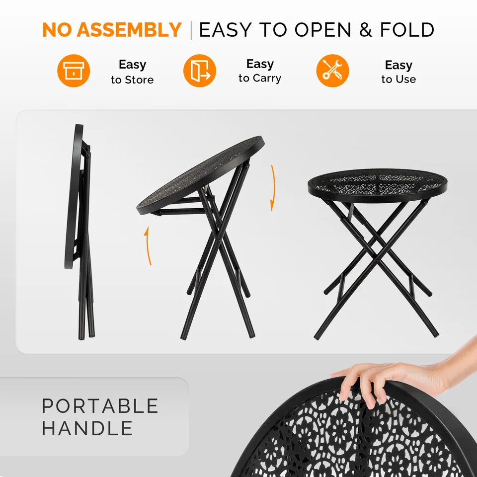Folding Small Outdoor Side Tables, Anti Rust Small Patio Table Round Metal Nightstand With Flower Cutouts For Porch Yard Balcony Deck Lawn view 2