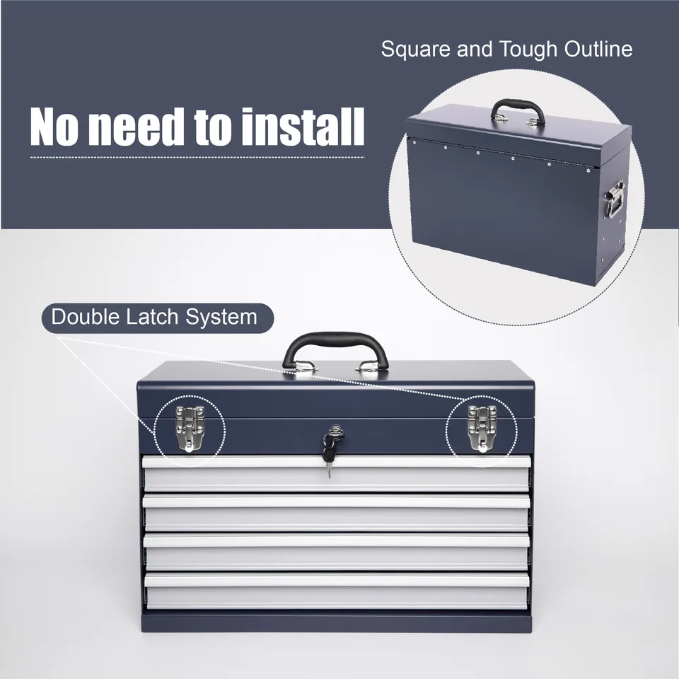 Heavy Duty Metal Tool Box, 21-inch, Portable Metal Tool Box With 4 Drawers, Small Tool Chest With EVA Liners, Ball Bearing Slide Drawers view 2