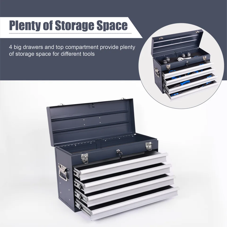 Heavy Duty Metal Tool Box, 21-inch, Portable Metal Tool Box With 4 Drawers, Small Tool Chest With EVA Liners, Ball Bearing Slide Drawers view 3