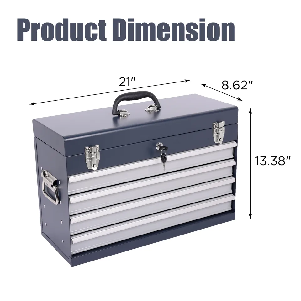Heavy Duty Metal Tool Box, 21-inch, Portable Metal Tool Box With 4 Drawers, Small Tool Chest With EVA Liners, Ball Bearing Slide Drawers view 4