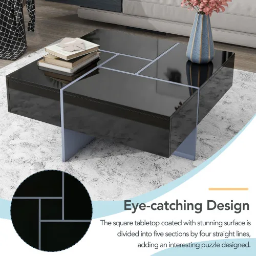 Unique Design Coffee Table With 4 Hidden Storage Compartments, Square Cocktail Table With Extendable Sliding Tabletop, UV High-gloss Design view 4