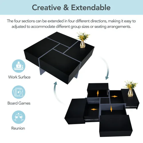 Unique Design Coffee Table With 4 Hidden Storage Compartments, Square Cocktail Table With Extendable Sliding Tabletop, UV High-gloss Design view 2
