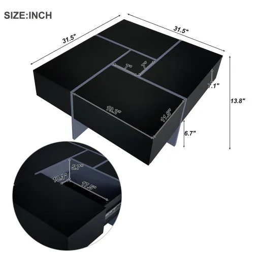 Unique Design Coffee Table With 4 Hidden Storage Compartments, Square Cocktail Table With Extendable Sliding Tabletop, UV High-gloss Design view 3