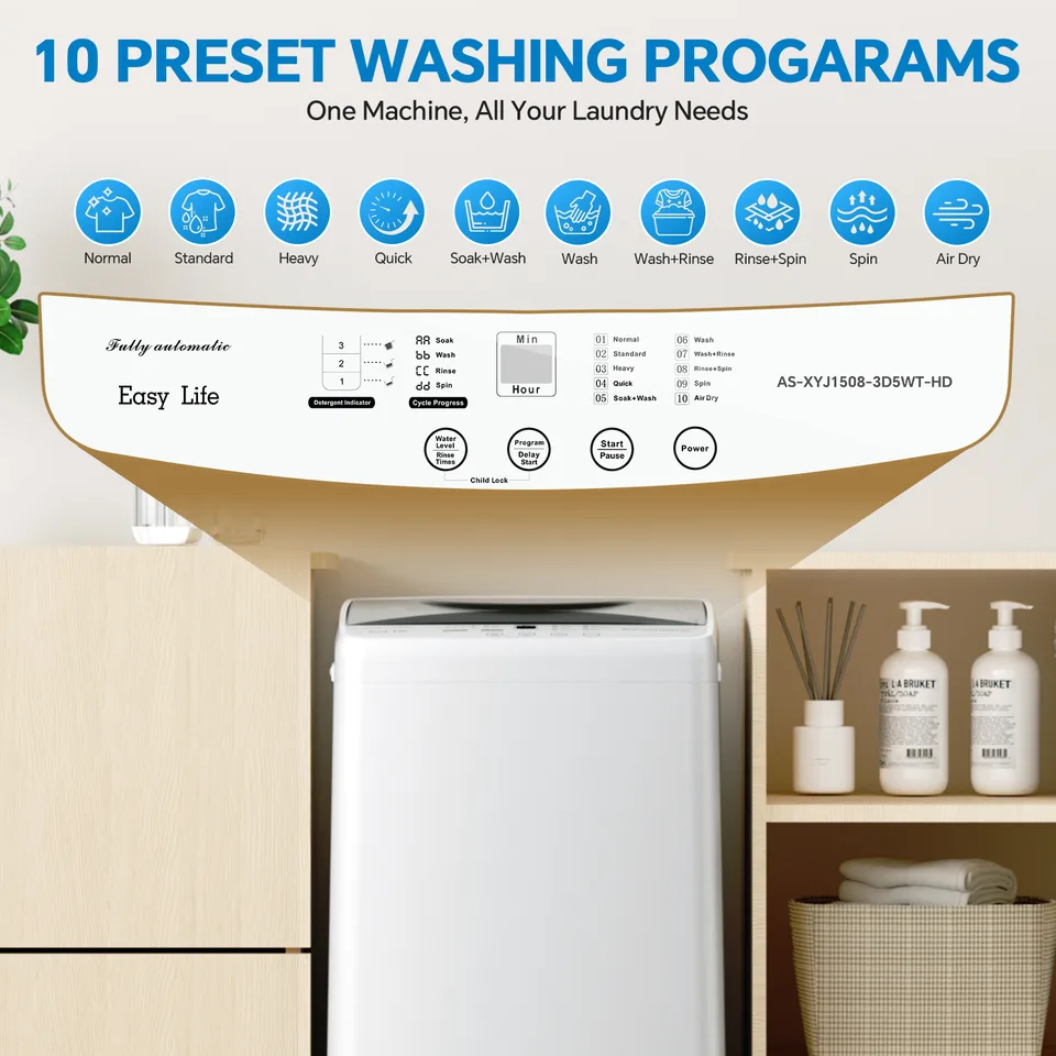 Portable Washing Machine, 7.7 Pounds, Fully Automatic Compact Model, Stainless Steel Tub, 10 Washing Modes, LED Display Screen view 2