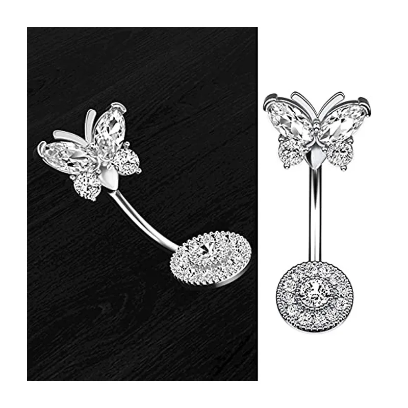 Novel Belly Button Ring Surgical Steel CZ Barbell Butterfly Belly Piercing Jewelry Body Retainer 14G view 3