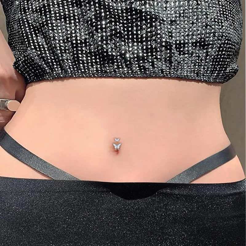 Butterfly AB Butterfly Belly Button Rings 14G Belly Rings 316L Stainless Steel Belly Piercing Purple Cubic Zirconia Navel Ring,Navel view 4