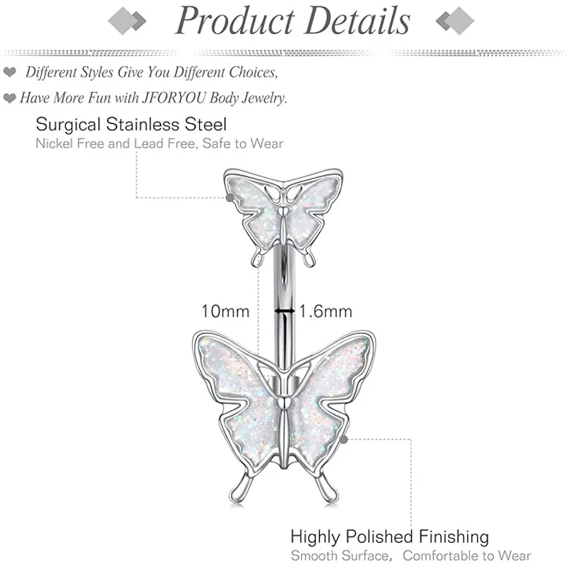 Butterfly AB Butterfly Belly Button Rings 14G Belly Rings 316L Stainless Steel Belly Piercing Purple Cubic Zirconia Navel Ring,Navel view 2