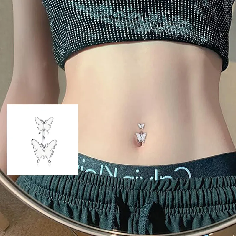 Butterfly AB Butterfly Belly Button Rings 14G Belly Rings 316L Stainless Steel Belly Piercing Purple Cubic Zirconia Navel Ring,Navel view 1