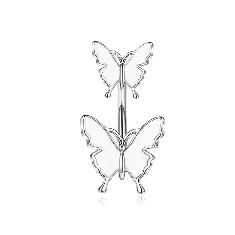 Butterfly AB Butterfly Belly Button Rings 14G Belly Rings 316L Stainless Steel Belly Piercing Purple Cubic Zirconia Navel Ring,Navel view 3