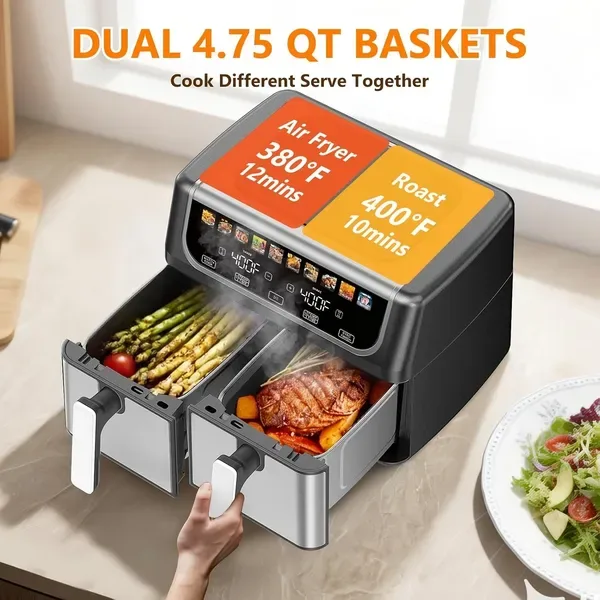 9.5 Quart Large Dual Basket Air Fryer With Double Basket, Independent Temp Control & Sync Mode, 10 Presets - Bake&Broil&Defrost&Dehydrate view 3