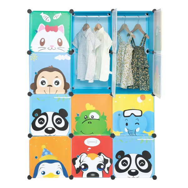 4-layer 12-compartment 2-hanging-bar Modular Wardrobe With Plastic And Steel Wire Materials Featuring Animal Patterns. The Door Has A Floral view 2