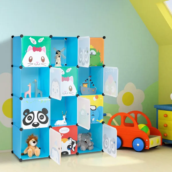 4-layer 12-compartment 2-hanging-bar Modular Wardrobe With Plastic And Steel Wire Materials Featuring Animal Patterns. The Door Has A Floral view 4
