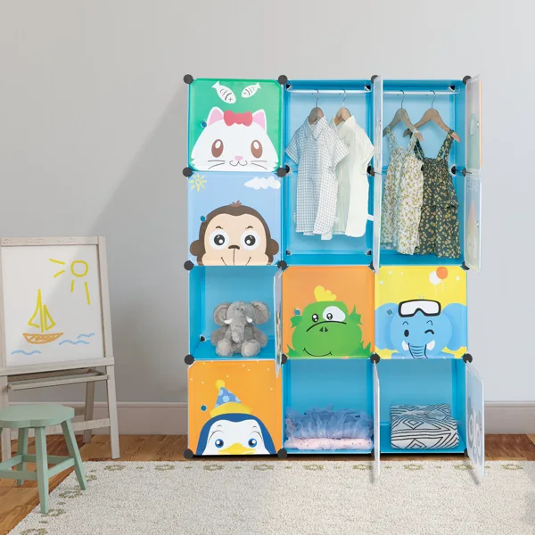 4-layer 12-compartment 2-hanging-bar Modular Wardrobe With Plastic And Steel Wire Materials Featuring Animal Patterns. The Door Has A Floral Design And The Cabinet Body Is Blue.