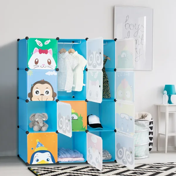 4-layer 12-compartment 2-hanging-bar Modular Wardrobe With Plastic And Steel Wire Materials Featuring Animal Patterns. The Door Has A Floral view 3