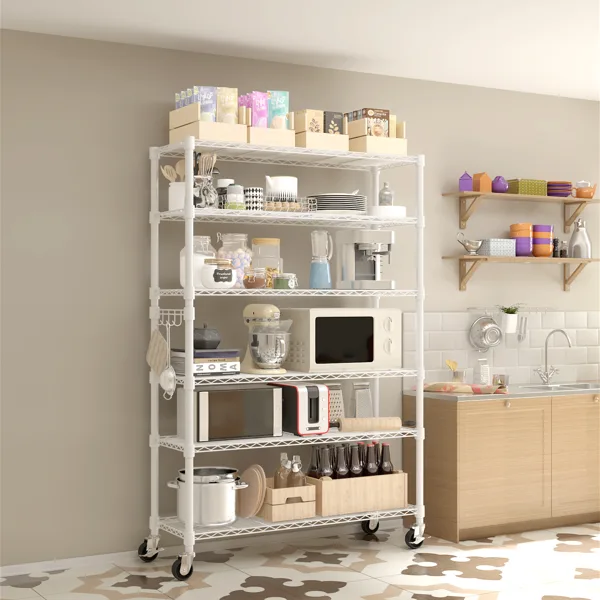 Six-layer Freely Combinable Disassemblable Strip With 1 Row Of Side Hooks, With Adjustable Feet And Wheels. Display Stand. Iron. 117x45x208cm. Powdered White.