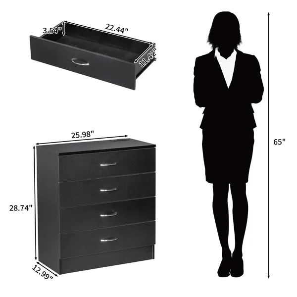 4 Drawer Chest 2 USB 2 Sockets Nightstand Black view 2
