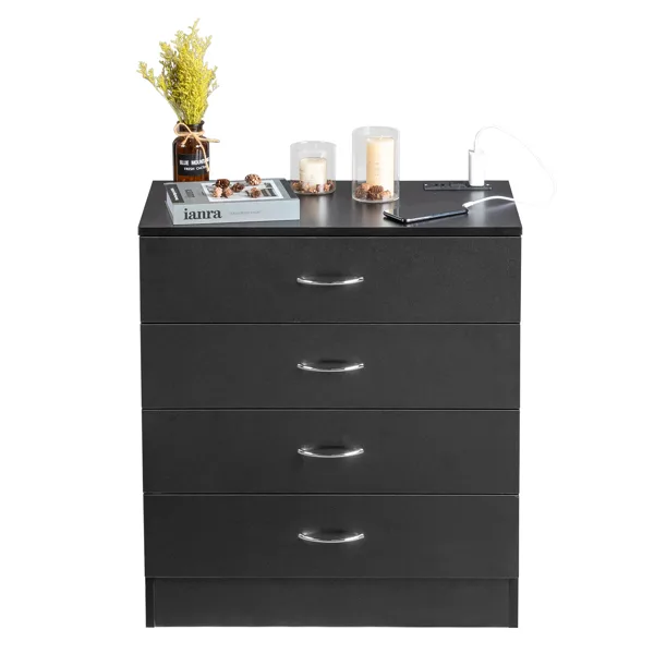 4 Drawer Chest 2 USB 2 Sockets Nightstand Black view 4