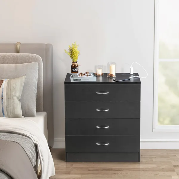 4 Drawer Chest 2 USB 2 Sockets Nightstand Black