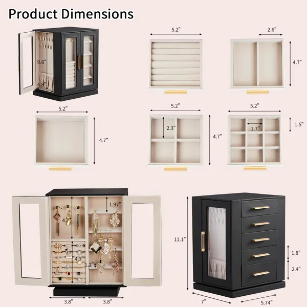 Four Sides With Storage, 5 Drawers That Can Rotate. Black Cabinet Body, Velvet Fabric. Necklace Box. view 13