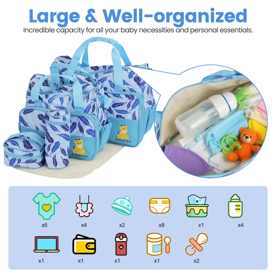 5Pcs Baby Nappy Diaper Bags Set For Picnic Mummy Diaper Handbags With Diaper Pad Food Bag Bottle Bag Travel Tote Bags For Mom Dad view 2