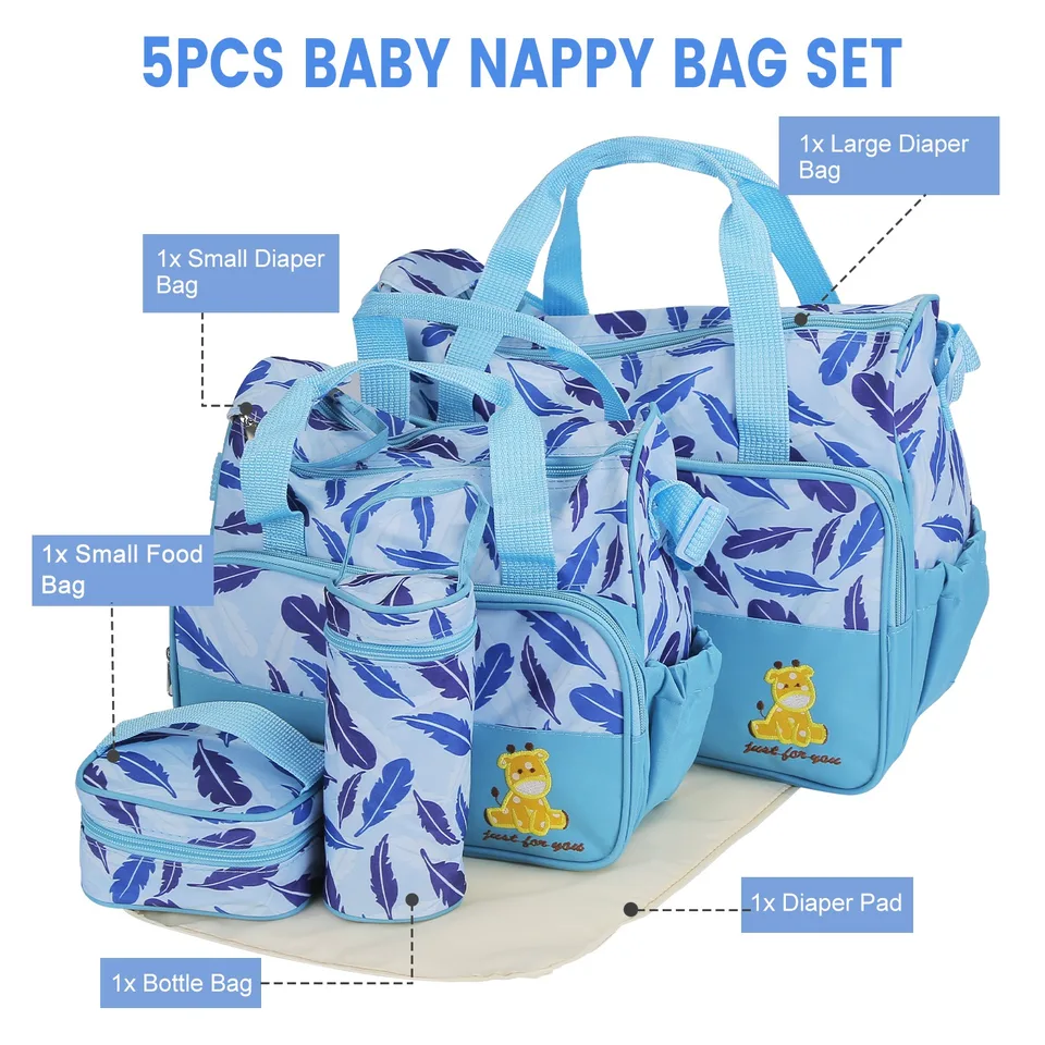 5Pcs Baby Nappy Diaper Bags Set For Picnic Mummy Diaper Handbags With Diaper Pad Food Bag Bottle Bag Travel Tote Bags For Mom Dad view 3