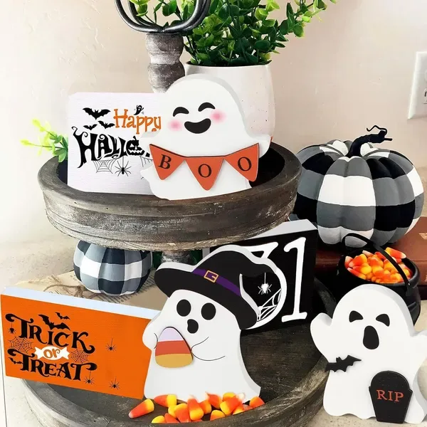 Cute Ghost Halloween Decorations Indoor, Wooden Tiered Tray Decor Table Sign Set Of 3, Black Cat Bat Witch Broom Signs Pumpkin Blocks For view 2