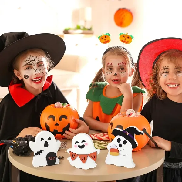 Cute Ghost Halloween Decorations Indoor, Wooden Tiered Tray Decor Table Sign Set Of 3, Black Cat Bat Witch Broom Signs Pumpkin Blocks For view 3
