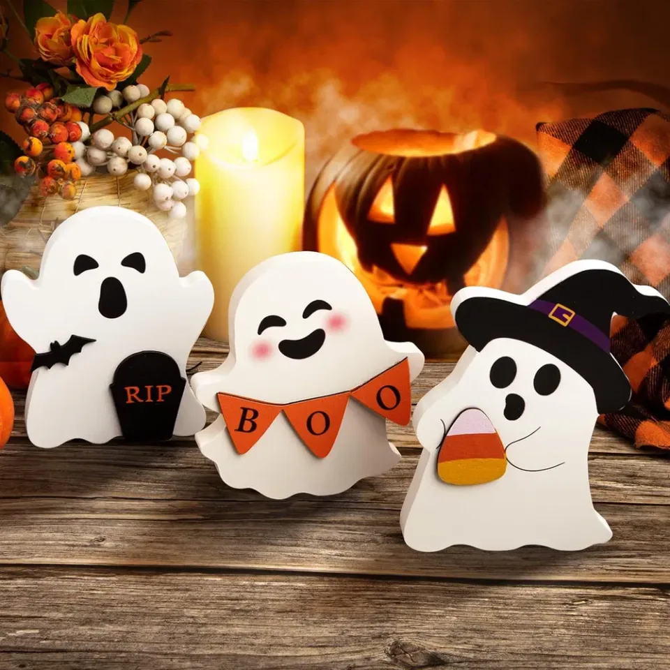Cute Ghost Halloween Decorations Indoor, Wooden Tiered Tray Decor Table Sign Set Of 3, Black Cat Bat Witch Broom Signs Pumpkin Blocks For view 4