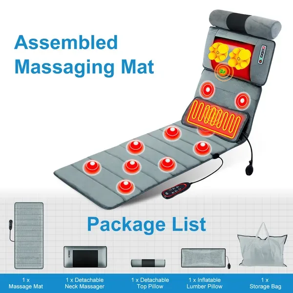 Vibration Massage Mat Full Body & Neck Kneading Massager - 20 Nodes, 3 Massage Modes&Speeds, 9 Vibration Settings, 3-Level Lumbar Heat view 2