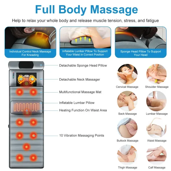 Vibration Massage Mat Full Body & Neck Kneading Massager - 20 Nodes, 3 Massage Modes&Speeds, 9 Vibration Settings, 3-Level Lumbar Heat view 3
