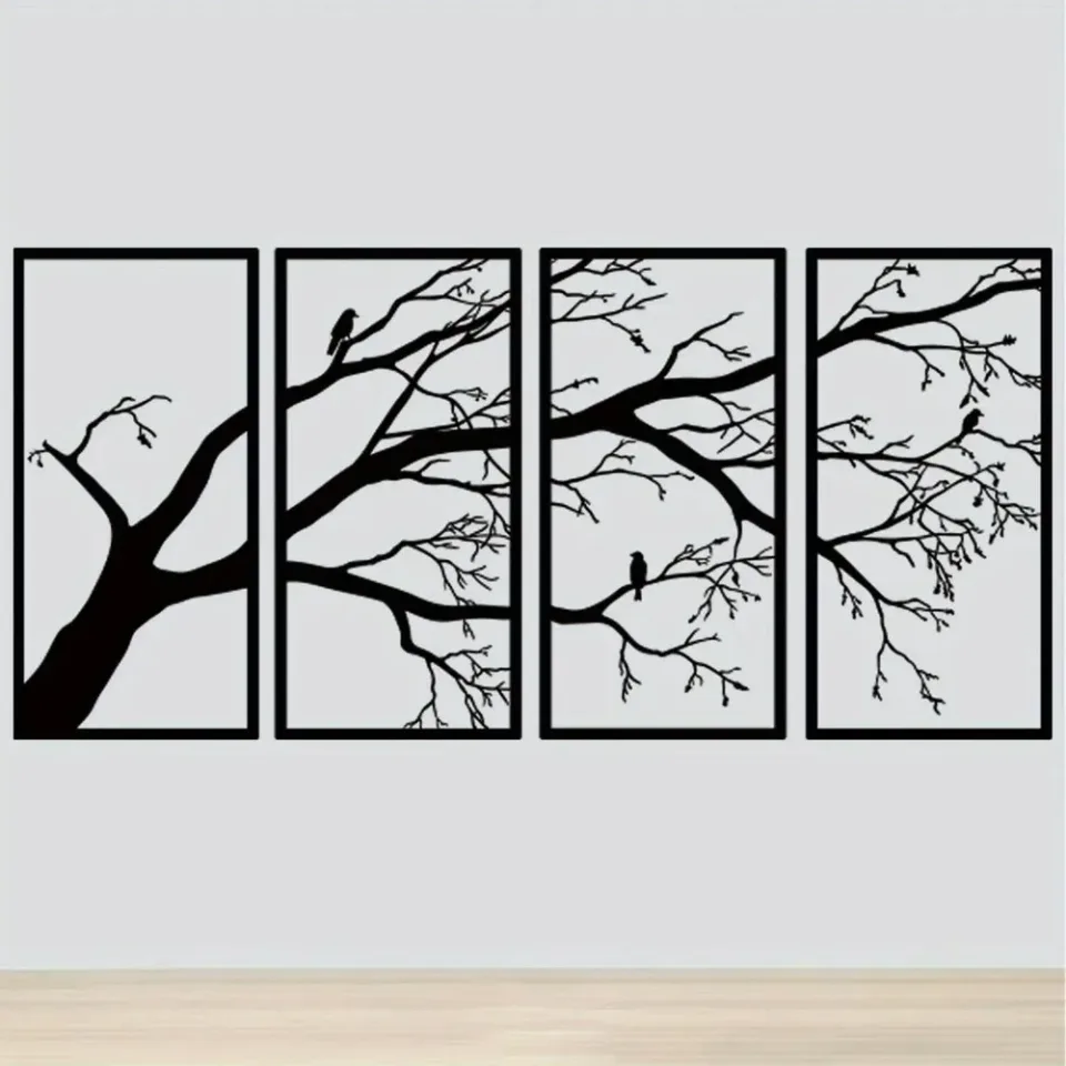 CIFbuy Iron Bare Branch & Bird 4-Panel Wall Art, Minimalist Style Wall Hanging, Nature Theme Home Decor - TikTok, Temu, Self-pickup Available view 4