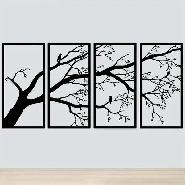 CIFbuy Iron Bare Branch & Bird 4-Panel Wall Art, Minimalist Style Wall Hanging, Nature Theme Home Decor - TikTok, Temu, Self-pickup Available view 3