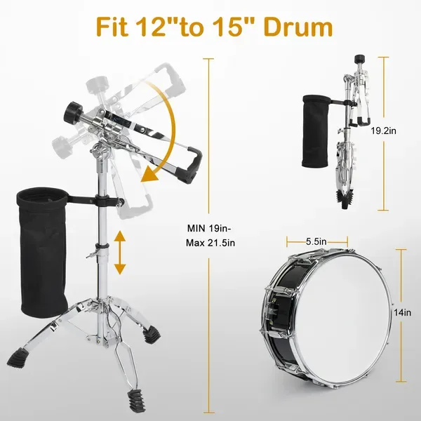 14 X 5.5in Snare Drum Set With Drumstick Holder, Snare Drum Bag, Strap, Mute Pad & Drum Stick For Beginner Student Black view 4