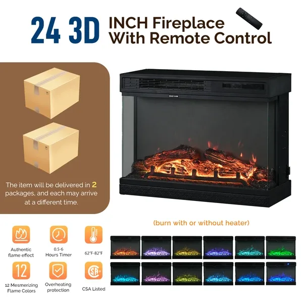 58-inch Black Gold Oak Electric Fireplace TV Stand - 2 Doors, 2 Drawers & Display Shelf With Lattice Glass, Compatible With 24' 3-Sided Glass Insert view 3