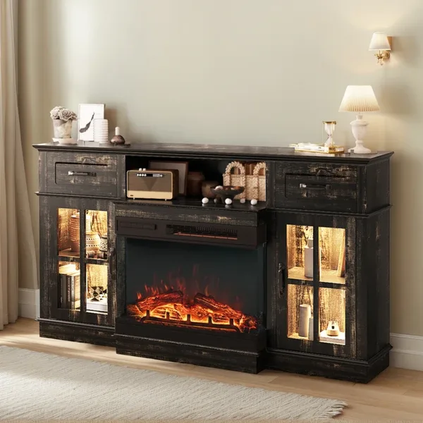 58-inch Black Gold Oak Electric Fireplace TV Stand - 2 Doors, 2 Drawers & Display Shelf With Lattice Glass, Compatible With 24' 3-Sided Glass Insert view 2