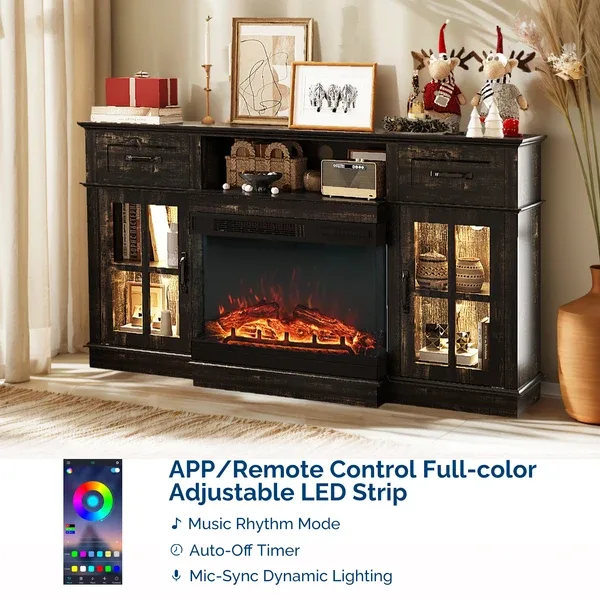 58-inch Black Gold Oak Electric Fireplace TV Stand - 2 Doors, 2 Drawers & Display Shelf With Lattice Glass, Compatible With 24' 3-Sided Glass Insert view 4