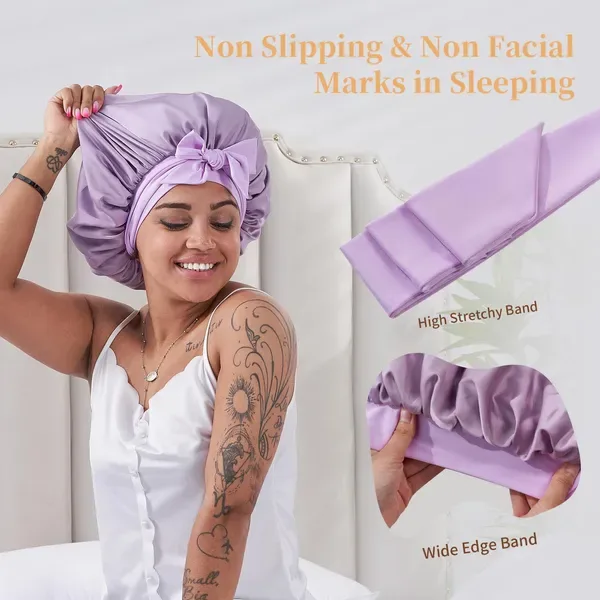 Silk Bonnet For Sleeping Women, Satin Hair Bonnet For Sleeping For Wavy Curly Natural Hair Women Men - Rose Red view 3