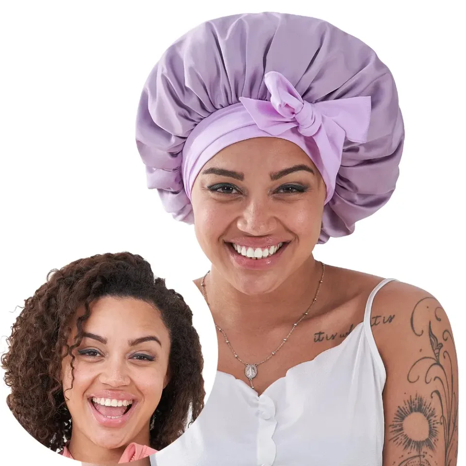 Silk Bonnet For Sleeping Women, Satin Hair Bonnet For Sleeping For Wavy Curly Natural Hair Women Men - Rose Red view 2