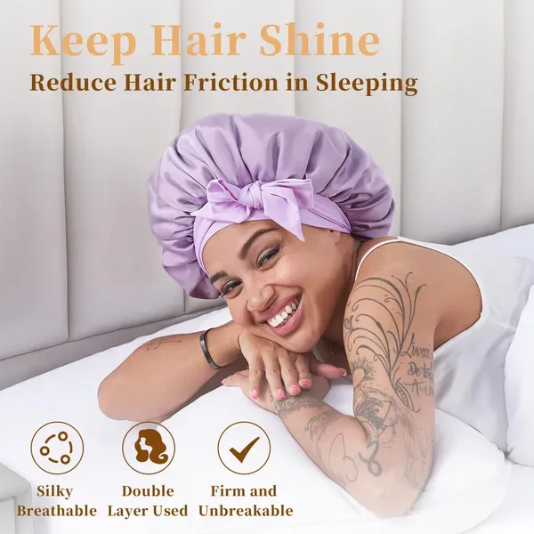 Silk Bonnet For Sleeping Women, Satin Hair Bonnet For Sleeping For Wavy Curly Natural Hair Women Men - Rose Red view 4